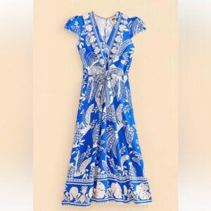 Farm Rio Banana Cut-Out Midi Blue and White Patterned Dress size XS